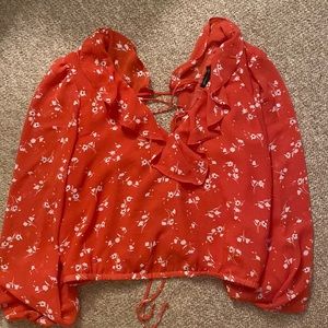 Dynamite Blouse. Long sleeve coral pink tie back blouse! Chiffon material!